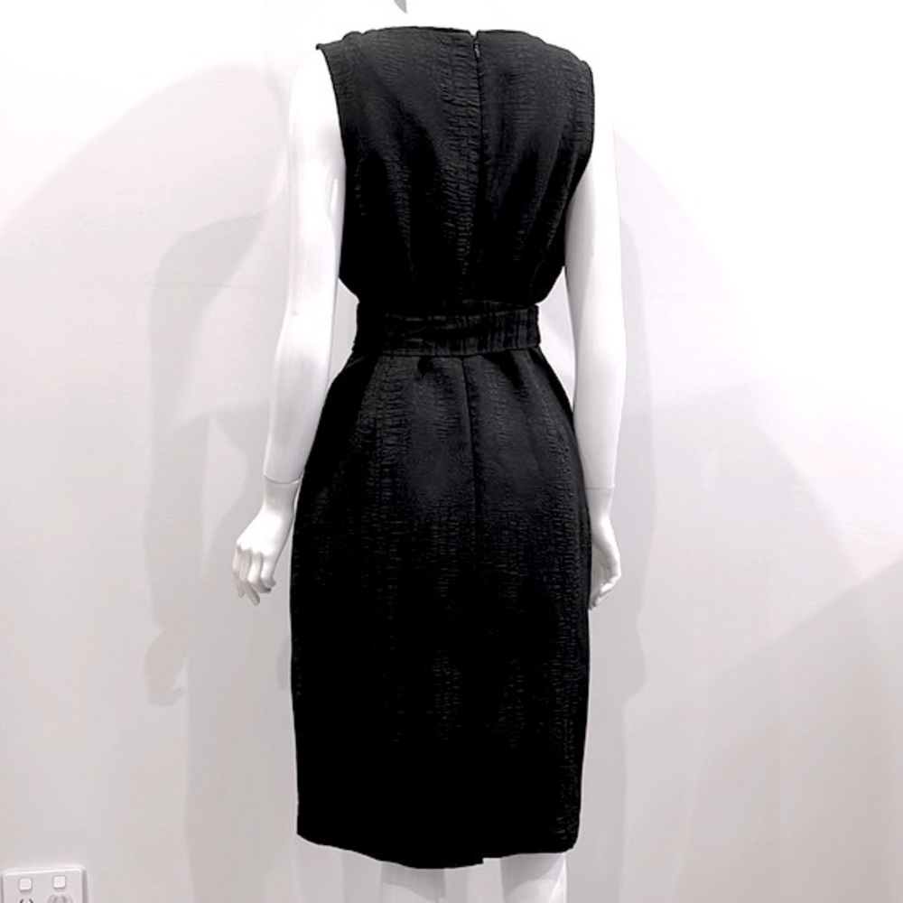 BASQUE Solid Jacquard, Black Pencil Dress. Office Wear, Midi, Tie Waistband. - Picture 5 of 7